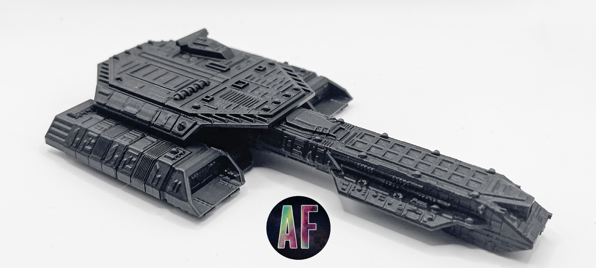 Detailed black filament 3D printed spacecraft by Aurora Forge AK